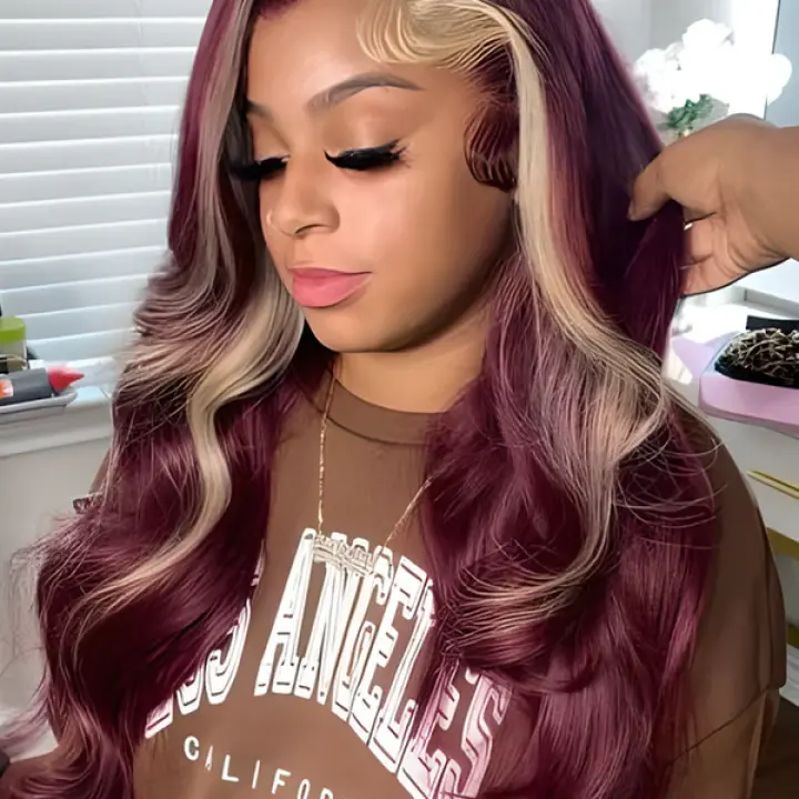 Burgundy Color Straight Hair With Blonde Skunk Stripe 13x4 Lace Front Wig Highlights Ombre Hair