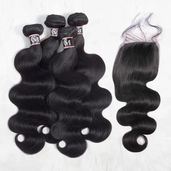 Body Wave Human Hair 4 Bundles with 4x4/5x5 Lace Closure