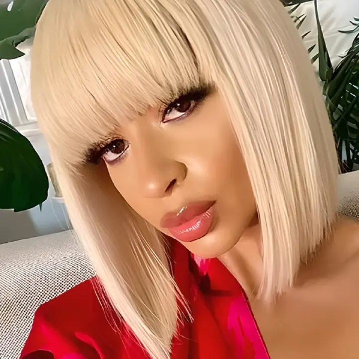 613 Blonde Bob Wig With Bangs Straight No Lace Human Hair Wigs