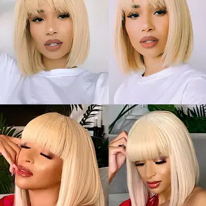 613 Blonde Bob Wig With Bangs Straight No Lace Human Hair Wigs